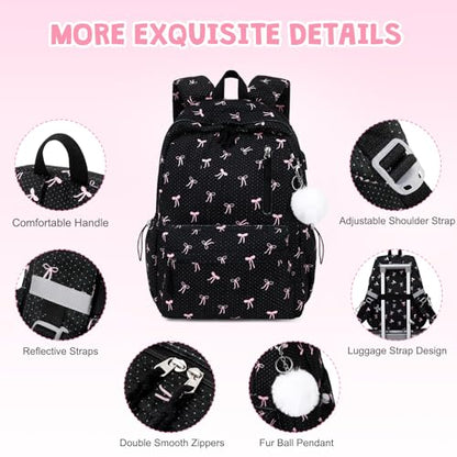 3PCS Corduroy Girls Backpack w/ Lunch Box & Pencil Bag (Black Bow Tie) - color: Black Bow Tie