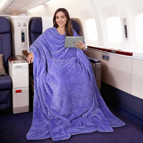 Tirrinia Travel Blanket Compact with Bag, Soft Lightweight Wearable Blanket with Foot Pockets, Airplane Travel Essential Gift - color: Purple