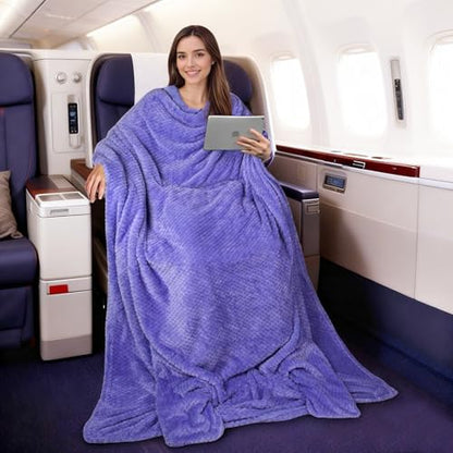 Tirrinia Travel Blanket Compact with Bag, Soft Lightweight Wearable Blanket with Foot Pockets, Airplane Travel Essential Gift - color: Purple