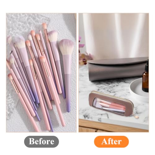 Psyqtsuary Small Clear Make Up Bag, PU Leather Portable Makeup Brush Pouch - color: Light Brown