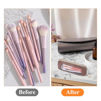 Psyqtsuary Small Clear Make Up Bag, PU Leather Portable Makeup Brush Pouch - color: Light Brown