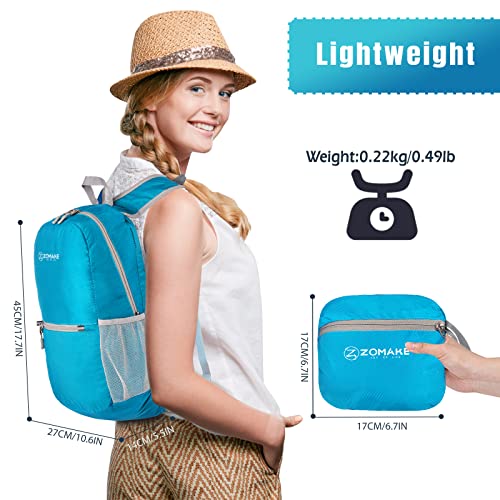 ZOMAKE Lightweight Packable Backpack, Foldable Small Travel Day Pack - color: B-light Blue