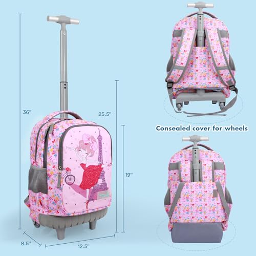 Tilami Rolling Backpack for Kids 18 Inch Wheeled Bookbag for Boys & Girls for School & Travel,Pink Girl - color: Pink