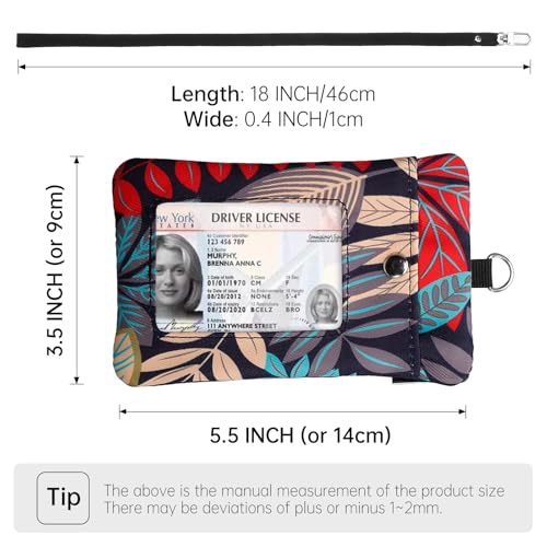 Small Lanyard Wallet with ID Window Minimalist Nylon Zipper Lanyard Pouch - color: Red Maple Leaves