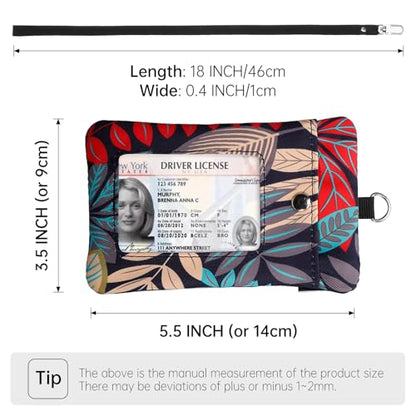 Small Lanyard Wallet with ID Window Minimalist Nylon Zipper Lanyard Pouch - color: Red Maple Leaves