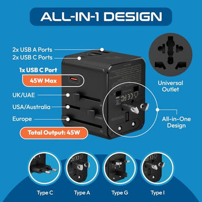 Ceptics 8 in 1 Universal Travel Adapter 45W, 3 Inputs, 2 USB-A + 3 USB-C - color: Black