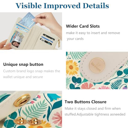 Floral Womens Bifold Wallet,Compact Leather Credit Card Holder - color: Floral