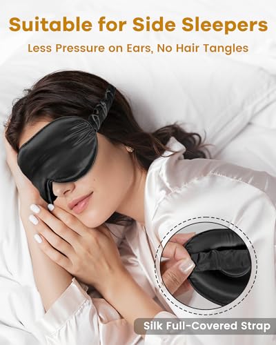 BeeVines 22 Momme Silk Sleep Mask, 3D Contoured Eye Masks for Women (Black) - color: 001 Black
