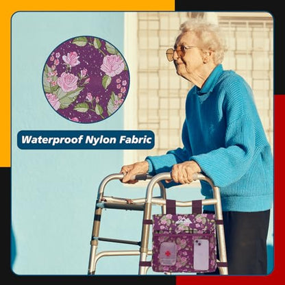 supregear Walker 사이드 백, 접이식 워커용 방수 액세서리 바스켓 파우치, 경량 핸즈프리 보관 캐리어 토트, 범용 사이즈 노인 캐디 부착물, 플로럴 퍼플 - color: 꽃무늬 퍼플