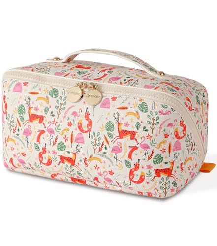 Aveniee Travel Makeup Bag for Women, Large Cosmetic Organizer with Open-Flat Design, Clear Divider & Handle - Waterproof PU Leather Toiletry Pouch - style: Zoo Animals