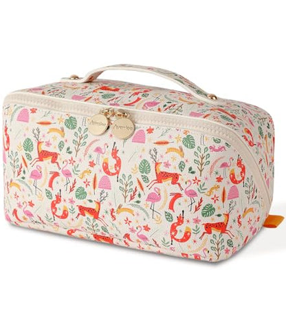 Aveniee Travel Makeup Bag for Women, Large Cosmetic Organizer with Open-Flat Design, Clear Divider & Handle - Waterproof PU Leather Toiletry Pouch - style: Zoo Animals