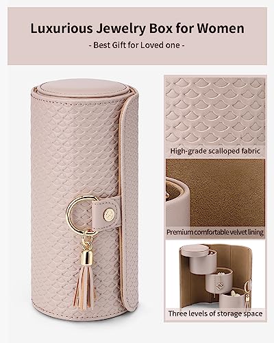 VLANDO Travel Jewelry Organizer, 3 Tier Roll Up Design, Hard Shell Storage - color: Grey&Khaki