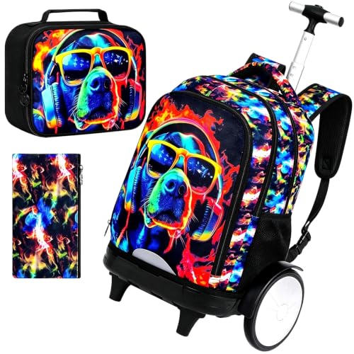 3Pcs Rolling Backpack for Boys with Detachable Large Wheels, Kids Cool Dog Wheeled Backpack Set for Elementary School Travel (Black) - color: Dog Black