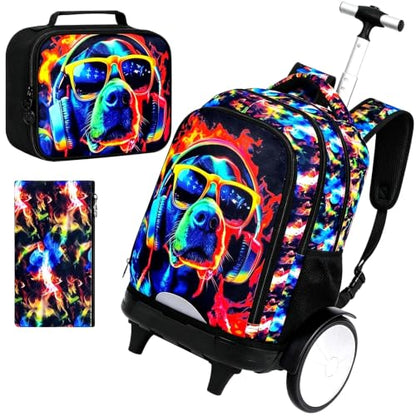 3Pcs Rolling Backpack for Boys with Detachable Large Wheels, Kids Cool Dog Wheeled Backpack Set for Elementary School Travel (Black) - color: Dog Black