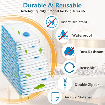 18 Pack Vacuum Storage Bags，Space Saver Bags(4 Jumbo/4 Large/4 Medium/3 Small/3 Roll),Compression for Comforters and Blankets, Sealer Clothes Storage, Hand Pump Included - size: 18 Combo