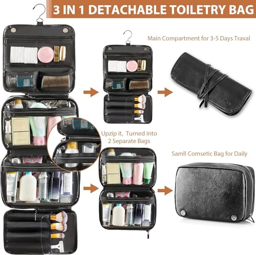 Elviros Hanging Toiletry Bag Removable Travel Bag PU leather Makeup Cosmetic Organizer Kit, Black - color: Black, size: 1 Pack
