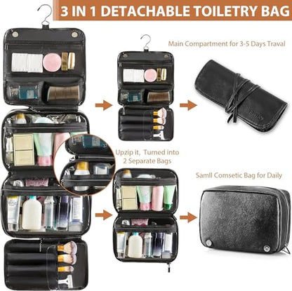 Elviros Hanging Toiletry Bag Removable Travel Bag PU leather Makeup Cosmetic Organizer Kit, Black - color: Black, size: 1 Pack