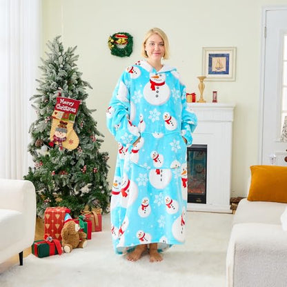Moinlizy Oversized Wearable Blanket Hoodie for Women Men - color: Blue Snowman