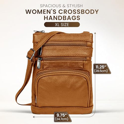 Krediz leather Crossbody Purses for Women, Multi Pocket Crossbody Purse with Adjustable Strap, Soft & Durable Leather Purse - color: Light Brown, size: X-Large