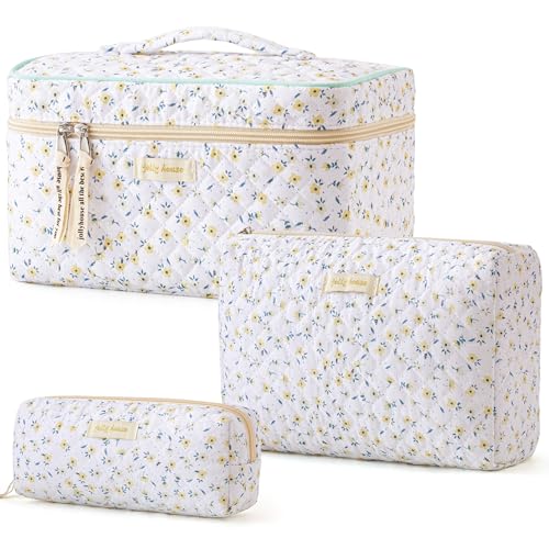 HBselect Quilted Makeup Bag, 3Pcs Cotton Large Travel Makeup Bags Organizer - color: A-3PCS-Yellowflower