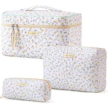 HBselect Quilted Makeup Bag, 3Pcs Cotton Large Travel Makeup Bags Organizer - color: A-3PCS-Yellowflower
