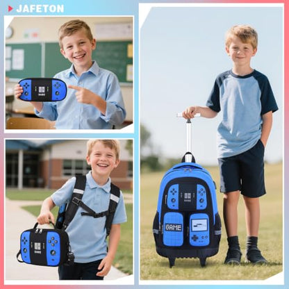 3PCS Gamer Boys Rolling Backpack with Lunch Box & Pencil Pouch (Blue Black) - color: Blue
