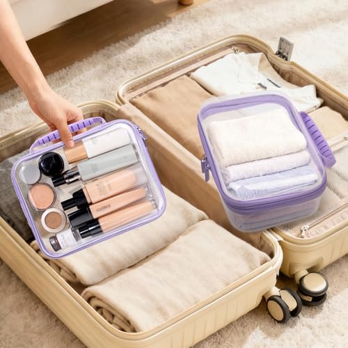 3 PCS Clear Zipper Pouches with Handle, Diaper Bag Organizer, Clear Makeup Bags Hardshell Toy Storage Bins with Zipper Toiletry Pouch Bag for Cosmetics Pencils Puzzles, Building Blocks(Purple) - color: Purple-3pc