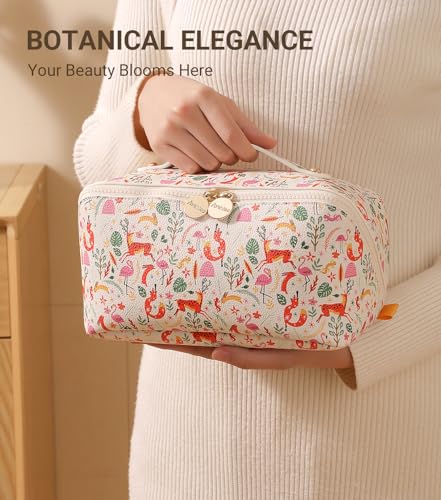 Aveniee Travel Makeup Bag for Women, Large Cosmetic Organizer with Open-Flat Design, Clear Divider & Handle - Waterproof PU Leather Toiletry Pouch - style: Zoo Animals