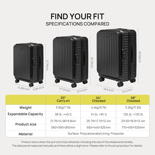 NINETYGO Top Opening Carry On Luggage 22x14x9 Airline Approved, Expandable & Lightweight, Scratch Resistant PC Hardside with Deep Cabin Design, TSA Lock & 360° Spinner Wheels (Dark Black, Alps) - color: 01-Dark Black, size: Carry-On 20-Inch