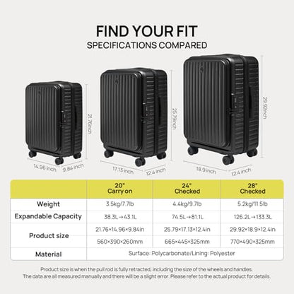 NINETYGO Top Opening Carry On Luggage 22x14x9 Airline Approved, Expandable & Lightweight, Scratch Resistant PC Hardside with Deep Cabin Design, TSA Lock & 360° Spinner Wheels (Dark Black, Alps) - color: 01-Dark Black, size: Carry-On 20-Inch