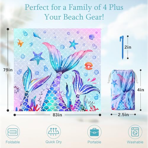 Mermaid Beach Blanket, Large 79" x 83" Sandproof Water-Resistant Beach Mat - color: Mermaid