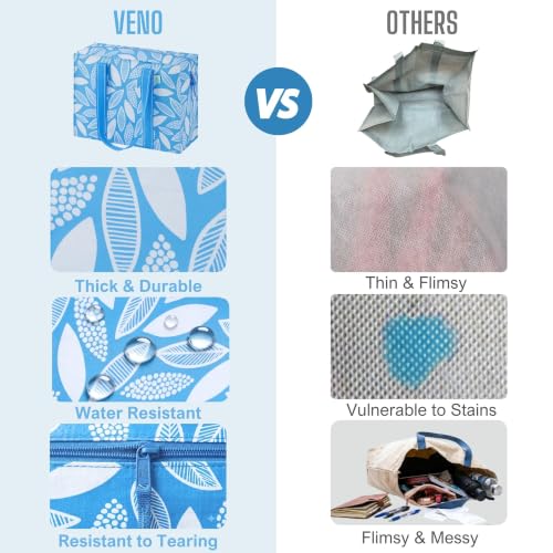 VENO 2 Pack Utility Tote Reusable Grocery Bags with Zipper & Hard Bottom - color: Spring Breeze, size: 2 Pack