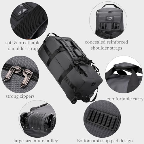 Rolling Duffle Bag with Wheels, 80L 28” Folding Duffle Backpack Soft-Sided with 2 Wheels, 6-way Carry-On Large Travel Bag Men/Women Multiple Pockets for Long Trip, Grey - color: Grey