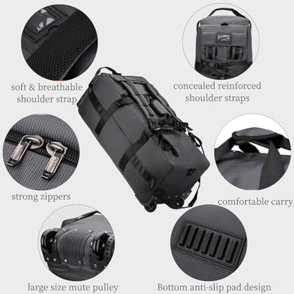 Rolling Duffle Bag with Wheels, 80L 28” Folding Duffle Backpack Soft-Sided with 2 Wheels, 6-way Carry-On Large Travel Bag Men/Women Multiple Pockets for Long Trip, Grey - color: Grey
