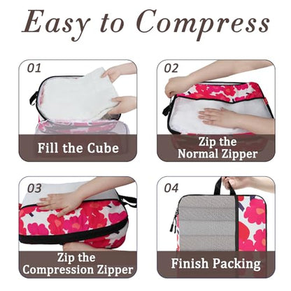 U+U 6 Set Compression Packing Cubes, Travel Organizers (Red Flower) - color: Red Flower, size: 6 Set