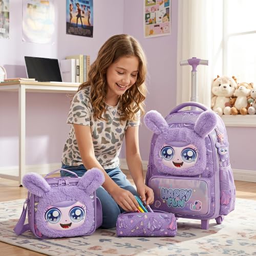 Girls Rolling Backpack for Kids with Wheels,Cute 3D Kids Rolling Backpack for School,Lightweight Kids Luggage for 6-8,Large Capacity BookBag with Wheels & Telescopic Handle - color: 3d Plush Cute Purple