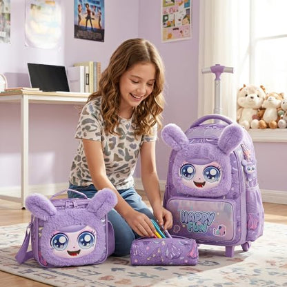 Girls Rolling Backpack for Kids with Wheels,Cute 3D Kids Rolling Backpack for School,Lightweight Kids Luggage for 6-8,Large Capacity BookBag with Wheels & Telescopic Handle - color: 3d Plush Cute Purple