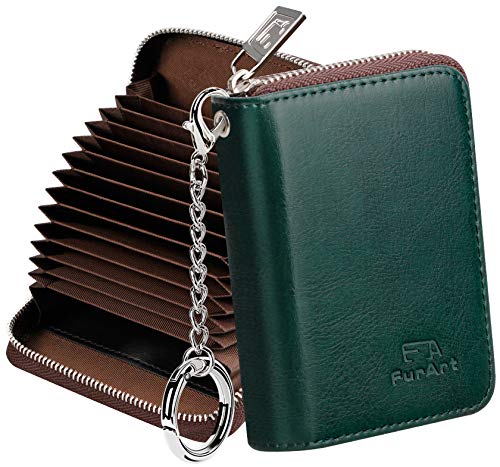 FurArt Zipper Wallet Women RFID Credit Card Holder keychain Wallet | ID Window RFID Blocking Compact Small business 15/16 slots - color: Dark Green
