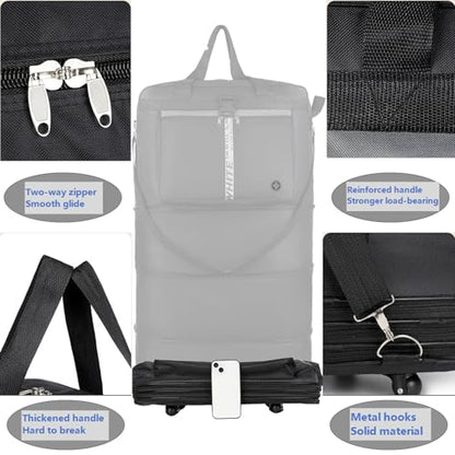 42 Inch Expandable Large Travel Duffel Bag with 5 360° Spinner Wheels & Security Lock & 2 Straps- Oxford Cloth Waterproof Lightweight Foldable Suitcase, Collapsible Luggage with Shoulder Strap, Black - color: Black with Lock & 2 Straps