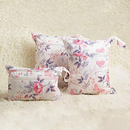 ALVABABY 3 Pack Wet Dry Bags for Cloth Diapers, Swimsuits & Gym Clothes, Waterproof Reusable Baby Diaper Bag with 2-Zippered Compartments, Hanging Strap, Machine Washable, Small/Medium/Large for Dayca - color: Flowers