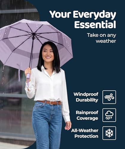 Windproof Travel Umbrella - Compact & Withstands Winds up to 100MPH, Strongest Premium Auto Folding Umbrella for Rain and Sun - Durable, Light & Portable for Women & Men, Fits Backpack & Cars - color: Pastel Lavender 1-Pack