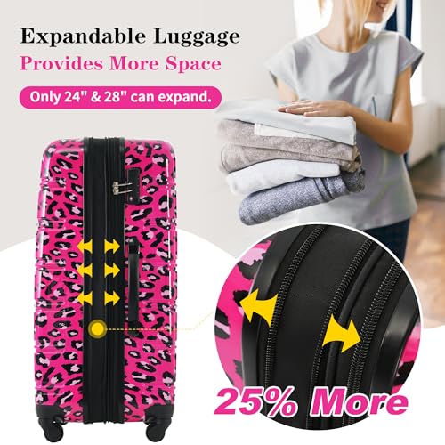 Merax 3-Piece Luggage Set,Leopard Print Hardshell Suitcases.Hot Pink - color: Hot Pink Leopard, size: 3 Piece(20/24/28)