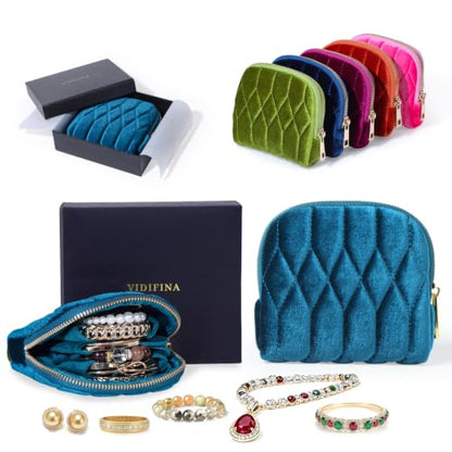 Small Travel Jewelry Case, Velvet Pouch with Zipper, Teal Blue - color: TealBlue