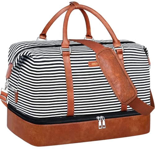 IBFUN Weekender Bags for Women, 21" Travel Duffle Bag with Shoe Compartment - color: C1-Black Strip