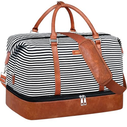 IBFUN Weekender Bags for Women, 21" Travel Duffle Bag with Shoe Compartment - color: C1-Black Strip