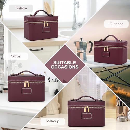 HiTotes Makeup Bag Vanity Case for Women Leather Cosmetic Bag Travel Toiletry Bags Portable Makeup Organizer Case - color: Burgundy