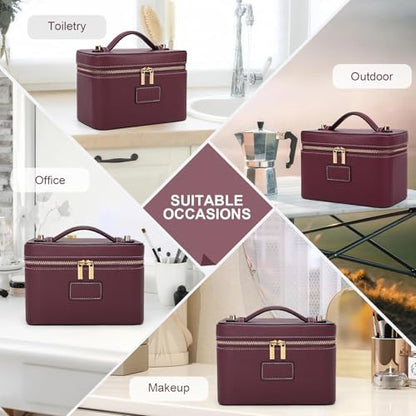 HiTotes Makeup Bag Vanity Case for Women Leather Cosmetic Bag Travel Toiletry Bags Portable Makeup Organizer Case - color: Burgundy