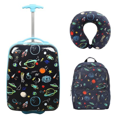 Space Printed 2-Wheel Lightweight Carry-on Luggage Suitcase with Backpack and Neck Pillow (3-Pc Set) For Boys - color: Viggio Space Printed