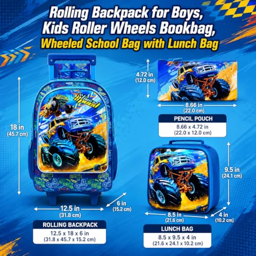 KLFVB Rolling Backpack for Girls Boys, Kids Roller Wheels School Bookbag with Lunch Bag, Wheeled School Bag for Children - color: Upgraded Uv Printing Blue 2*car Rolling Backpack