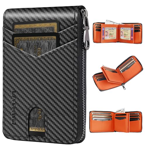 Men’s RFID Blocking Zipper Large Dimensions Wallet with 2 ID Windows - Large Capacity Design, 13 Credit Card Slots - color: Orange